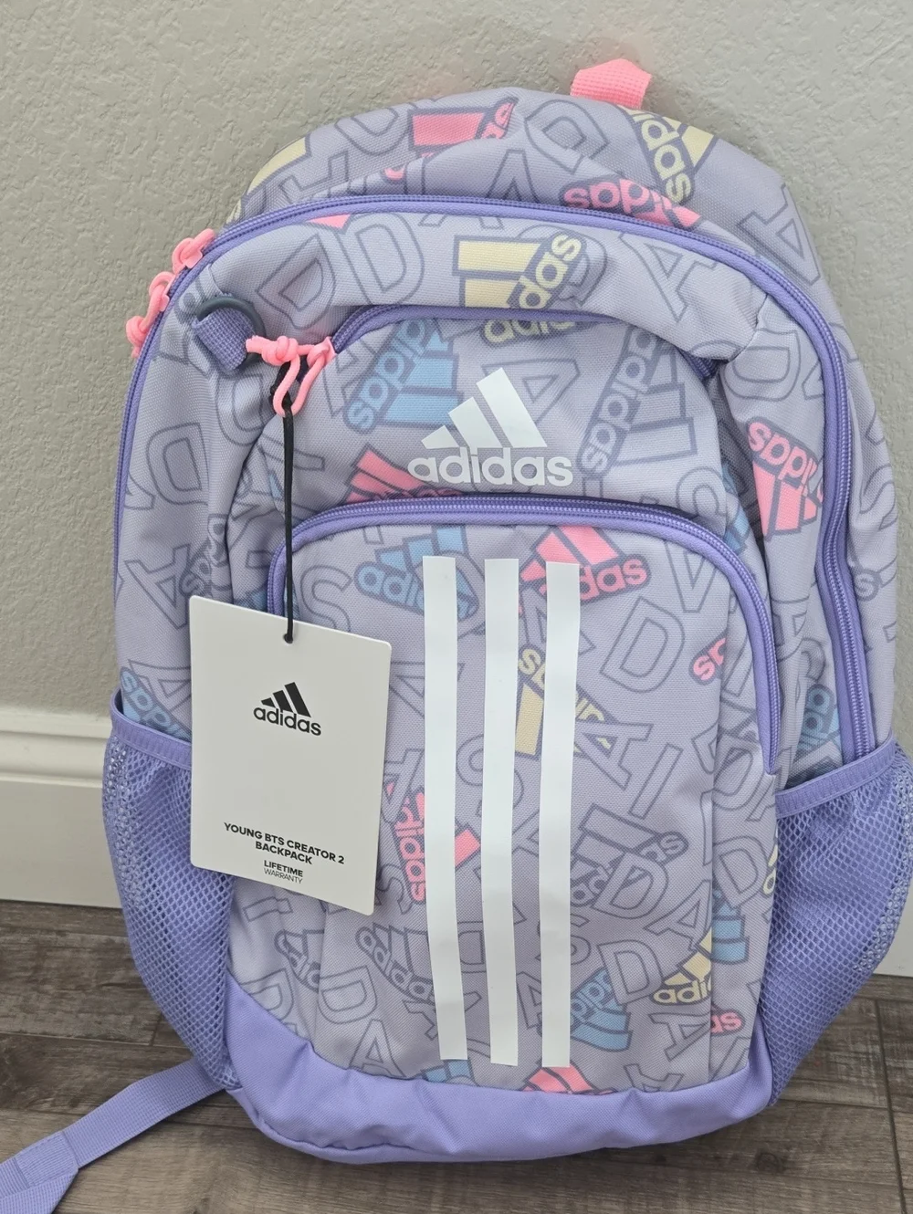 New adidas Kids Lavender Logo Backpack with Pastel Accents